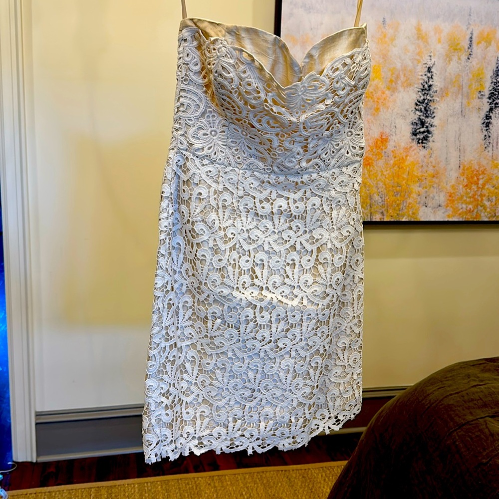 Silk & lace strapless white mini dress